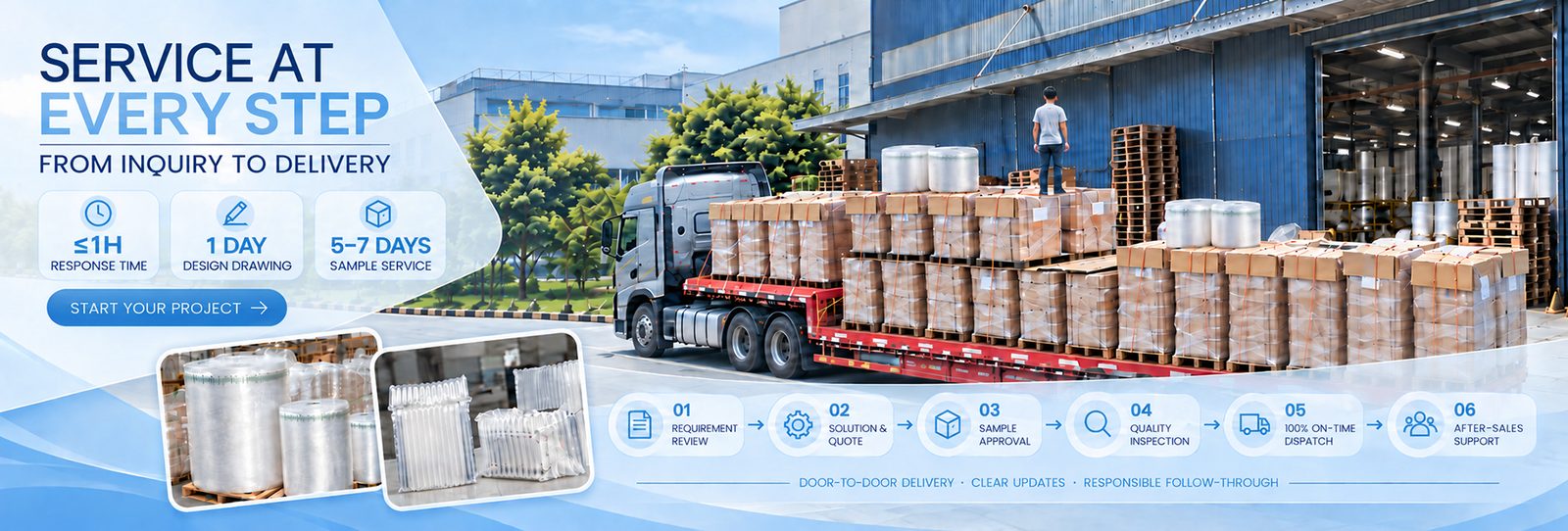 Service at every step — enquiry, design, sampling, production, delivery and after-sales